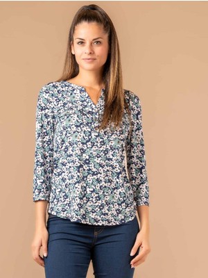 Kadın Mavi Çiçek Desenli Uzun Kollu  Viskon Bluz - Rahat Kesim Günlük Üst