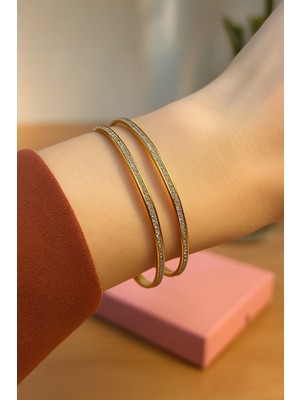 Çelik Gold Zirkon Taşlı 2li Ajda Bilezik - 65MM