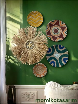 5li Bohem El Yapımı Hasır Duvar Tabağı Seti - Etnik