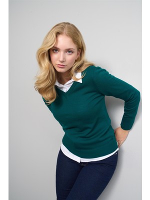 Miyamira  Kadın V Yaka Yeşil Kazak