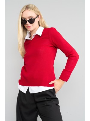 Miyamira  Kadın V Yaka Koyu Kırmızı Kazak