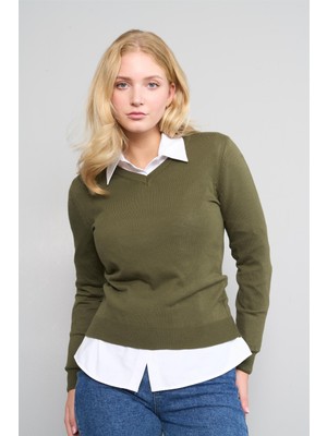 Çetinkaya Miyamira Kadın V Yaka Haki Kazak