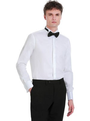 Beyaz Comfort Fit 100% Pamuk Devrik Manşet Yaka Uzun Kollu Klasik Saten Gömlek