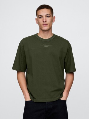 Erkek Haki Oversized Athletic Logo T-Shirt