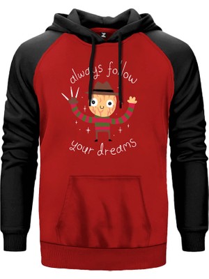 Makas Eller Kırmızı Renk Reglan Kol Kapşonlu Sweatshirt