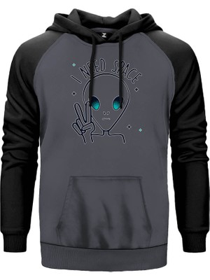 Alien I Need Space Gri Renk Reglan Kol Kapşonlu Sweatshirt