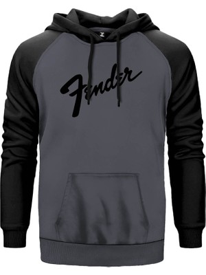 Fender Logo 3 Gri Renk Reglan Kol Kapşonlu Sweatshirt