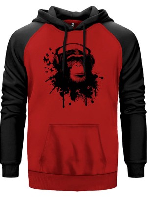 Maymun ve Müzik Kırmızı Renk Reglan Kol Kapşonlu Sweatshirt