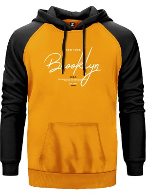 Newyork Brooklyn U.s.a Sarı Renk Reglan Kol Kapşonlu Sweatshirt
