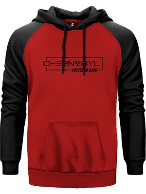 Chernobyl Never Again Kırmızı Renk Reglan Kol Kapşonlu Sweatshirt