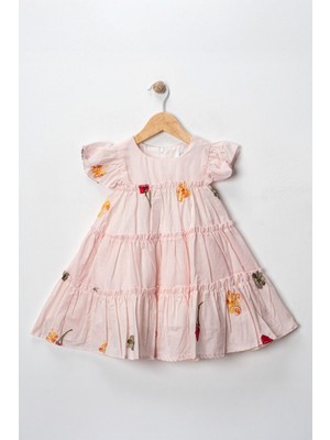 Miniğimin Cicileri Nakış Işleme Pamuk Kız Çocuk elbise - Pudra