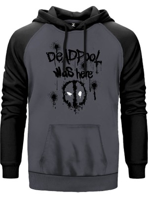 Deadpool Was Here Gri Renk Reglan Kol Kapşonlu Sweatshirt