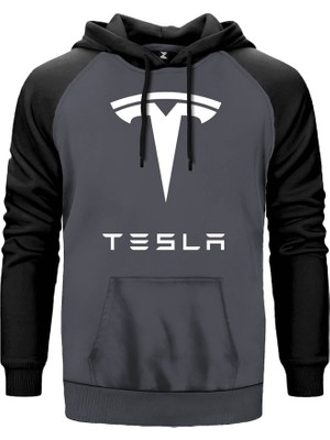 Tesla Logo Gri Renk Reglan Kol Kapşonlu Sweatshirt