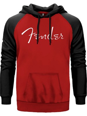 Fender Logo Kırmızı Renk Reglan Kol Kapşonlu Sweatshirt