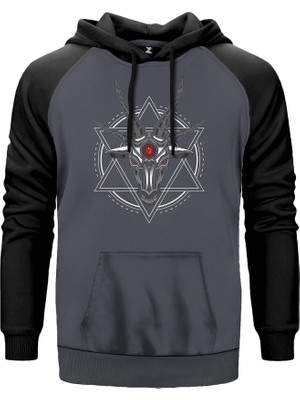 Baphomet Goat Head Gri Renk Reglan Kol Kapşonlu Sweatshirt