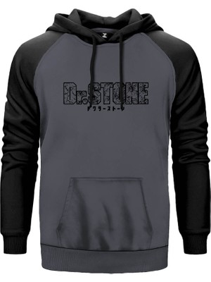 Dr.stone Logo Gri Renk Reglan Kol Kapşonlu Sweatshirt