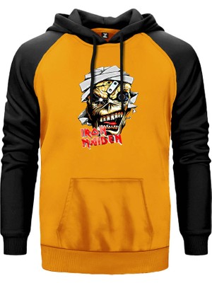 Iron Maiden Skull Cartoon Sarı Renk Reglan Kol Kapşonlu Sweatshirt