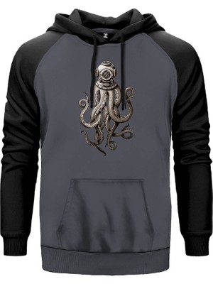 Diver Octopus Gri Renk Reglan Kol Kapşonlu Sweatshirt