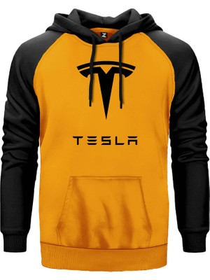 Tesla Logo Sarı Renk Reglan Kol Kapşonlu Sweatshirt