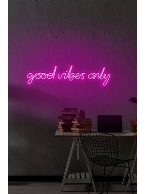 Neon LED Işıklı Good Vibes Only Yazısı Gece Lambası ve Dekoratif Aksesuar 64 x 18 cm