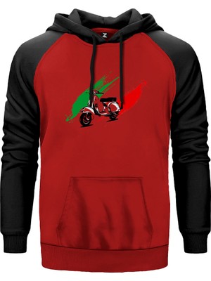Vespa In Italy Kırmızı Renk Reglan Kol Kapşonlu Sweatshirt