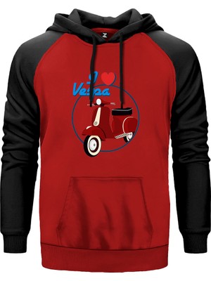 Vespa I Love Kırmızı Renk Reglan Kol Kapşonlu Sweatshirt