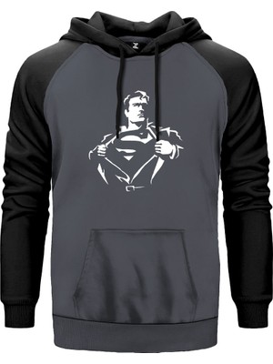 Superman Man Gri Renk Reglan Kol Kapşonlu Sweatshirt