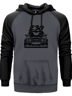 Bmw E30 Sketch Gri Renk Reglan Kol Kapşonlu Sweatshirt