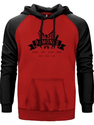 Ramones 1974 Kırmızı Renk Reglan Kol Kapşonlu Sweatshirt