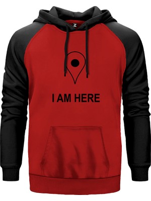 I Am Here Kırmızı Renk Reglan Kol Kapşonlu Sweatshirt
