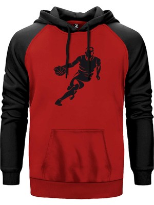 Basketball Hoop Siluet Kırmızı Renk Reglan Kol Kapşonlu Sweatshirt