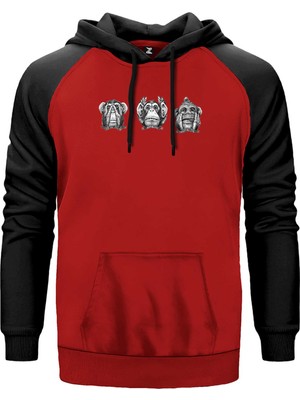 Three Monkeys Cartoon Kırmızı Renk Reglan Kol Kapşonlu Sweatshirt