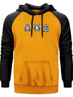 Three Monkeys Cartoon Sarı Renk Reglan Kol Kapşonlu Sweatshirt