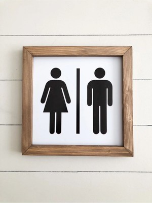 Bay /bayan Wc Yönlendirme Yazısı Ahşap Çerçeveli Beyaz Zemin