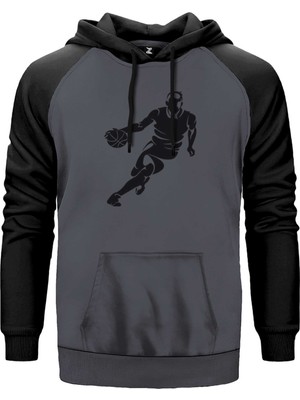 Basketball Hoop Siluet Gri Renk Reglan Kol Kapşonlu Sweatshirt
