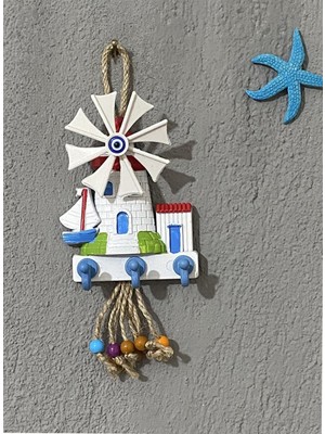 Yel Değirmenli Deniz Feneri 3 Kancalı Anahtarlık Duvar Süsü