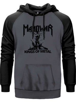 Manowar Kings Of Metal Black Gri Renk Reglan Kol Kapşonlu Sweatshirt