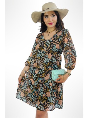 Lupinn Moda Kadın Çiçek Desenli Truvakar Kol V Yaka Şifon Elbise