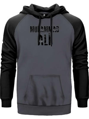 Muhammed Ali Black Text Gri Renk Reglan Kol Kapşonlu Sweatshirt
