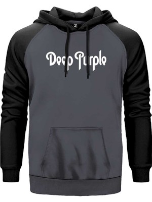 Deep Purple Text Gri Renk Reglan Kol Kapşonlu Sweatshirt