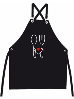 Siyah Kombin Masterchef Önlük ,çatal Kaşık Kalpli Baskılı Önlük