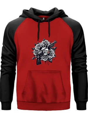 Guns N Roses Siyah Beyaz Logo Kırmızı Renk Reglan Kol Kapşonlu Sweatshirt
