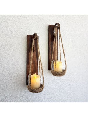 Duvar Dekoru LED Mumlu Ceviz Aplik 2 Li Set, Cafe, Hol, Balkon Dekoru