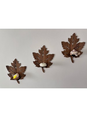 3’lü Ahşap Duvar Süsü Rafı - Yaprak Mumluk ve Dekoratif Aplik Seti
