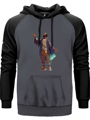 Black Hip Hop Artist Gri Renk Reglan Kol Kapşonlu Sweatshirt