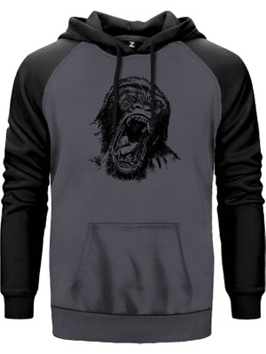Goril Çizim Gri Renk Reglan Kol Kapşonlu Sweatshirt