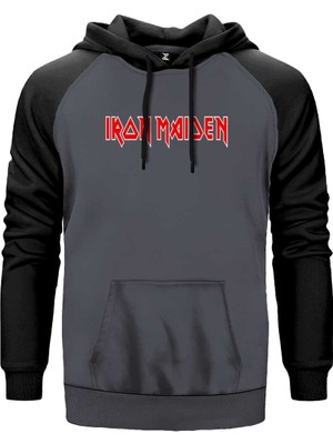 Iron Maiden Red Text Gri Renk Reglan Kol Kapşonlu Sweatshirt