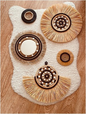 Aylak Şeyler Siyah Detaylı Bohem Rafya Duvar Seti,rafya Duvar Süsü