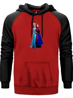 Karlar Ülkesi Elsa ve Anna Kırmızı Renk Reglan Kol Kapşonlu Sweatshirt