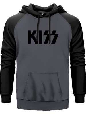 Kiss Logo 2 Gri Renk Reglan Kol Kapşonlu Sweatshirt